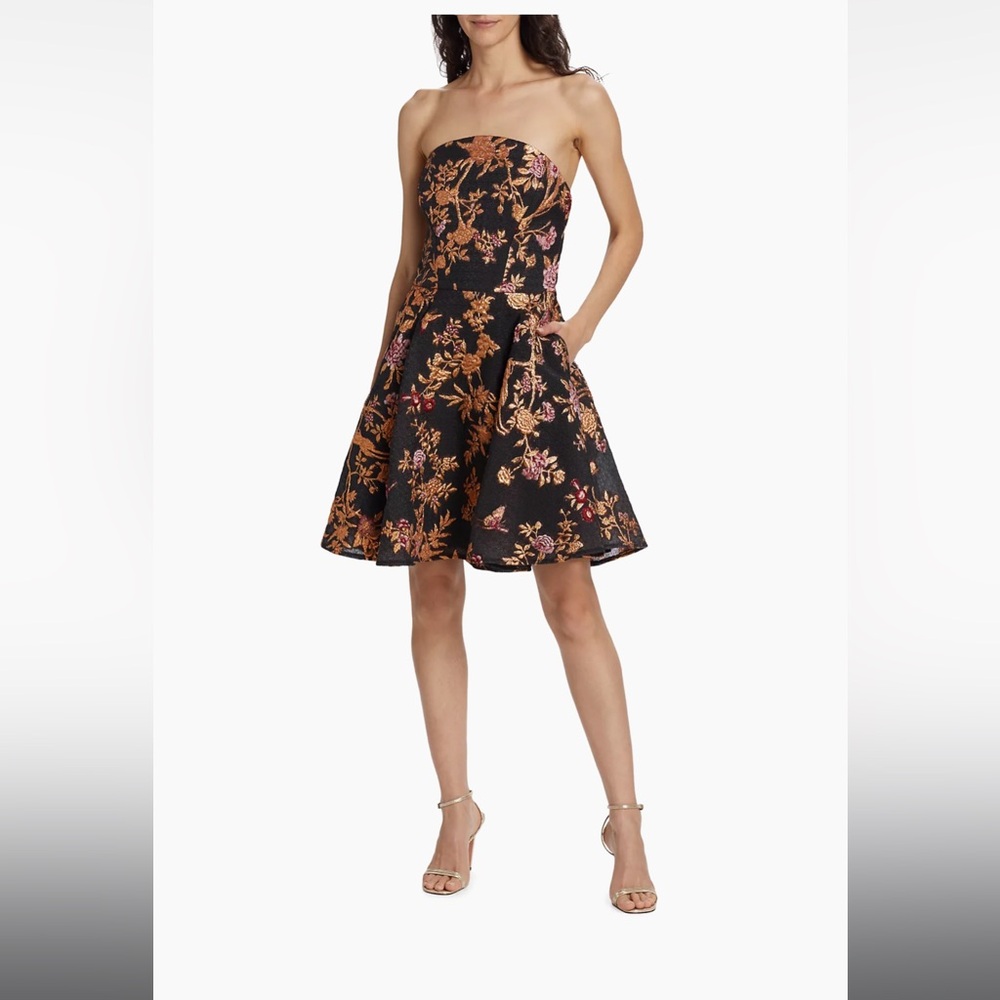 Marchesa Notte Black Metallic Embroidered Floral Strapless Mini Dress. Sz. 6